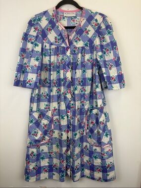 Vintage Models Coat Floral Gingham House Dress Cottagecore Smock Pockets Sz 14